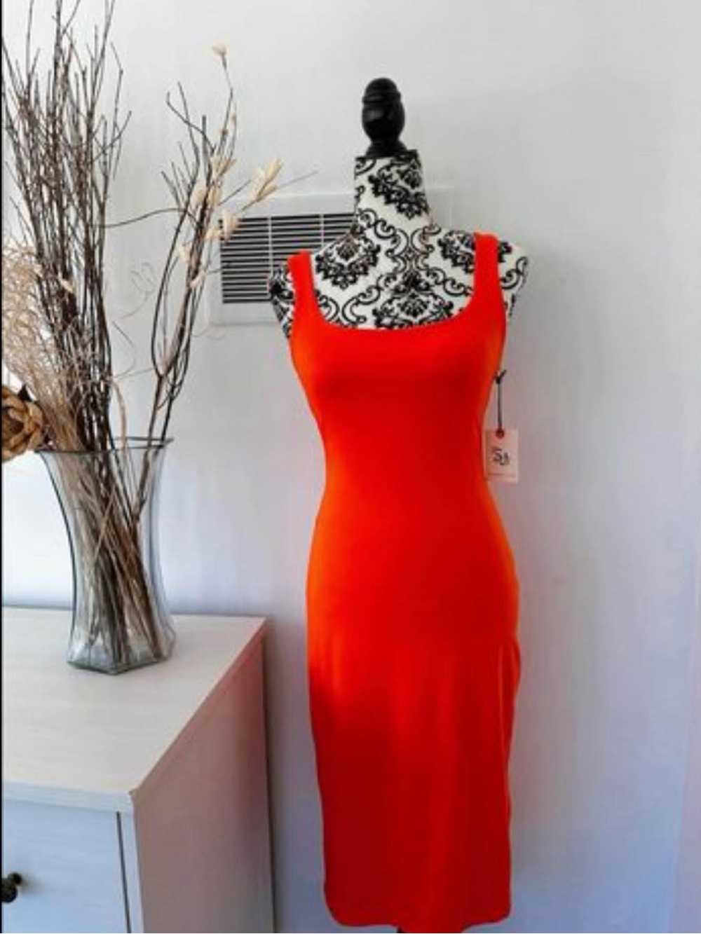 Red Square-Neck Midi Bodycon Dress
